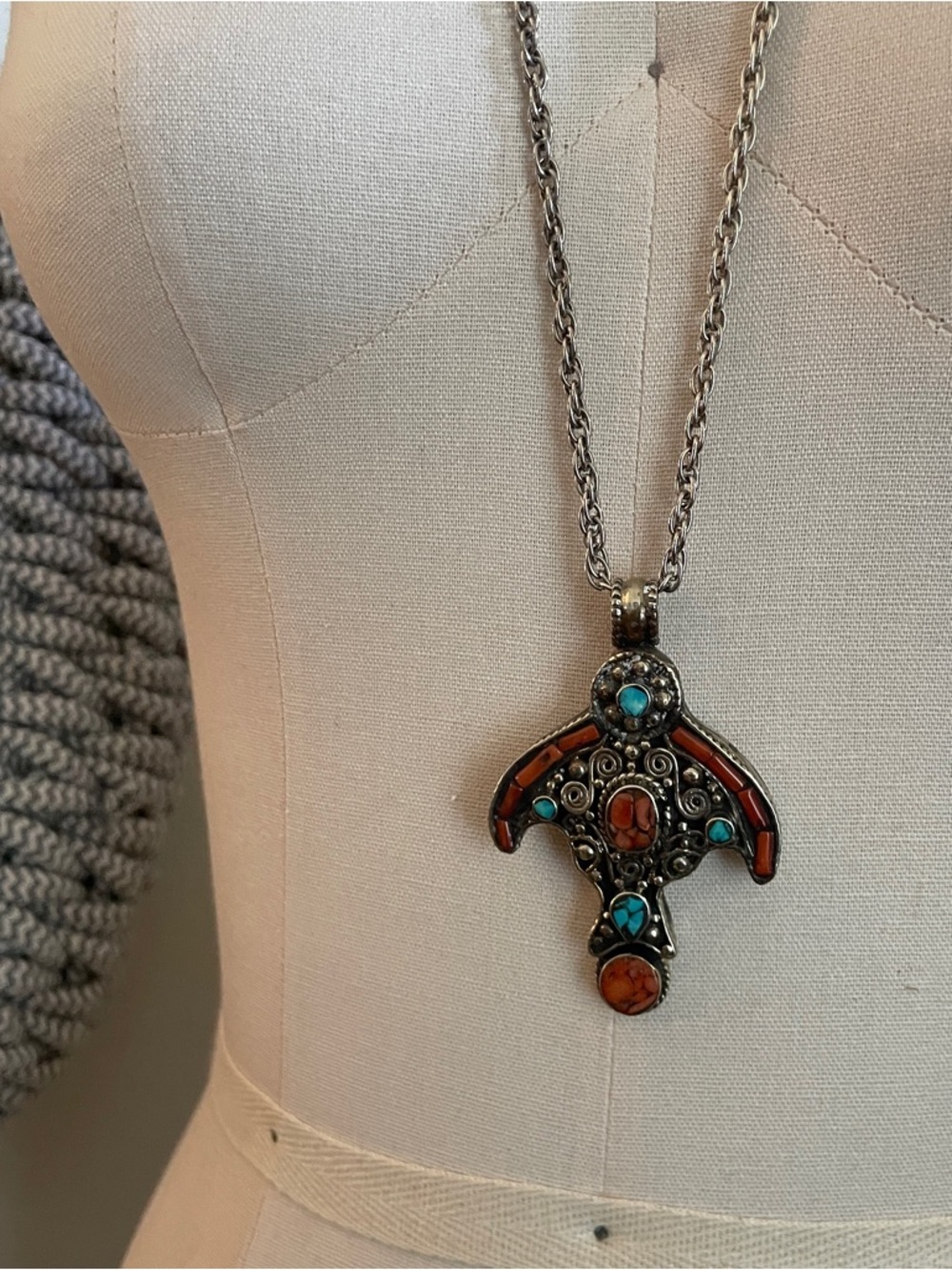 Vintage Tibetan Silver Bohemian Turquoise & Coral Pendant Necklace - Silver Tone